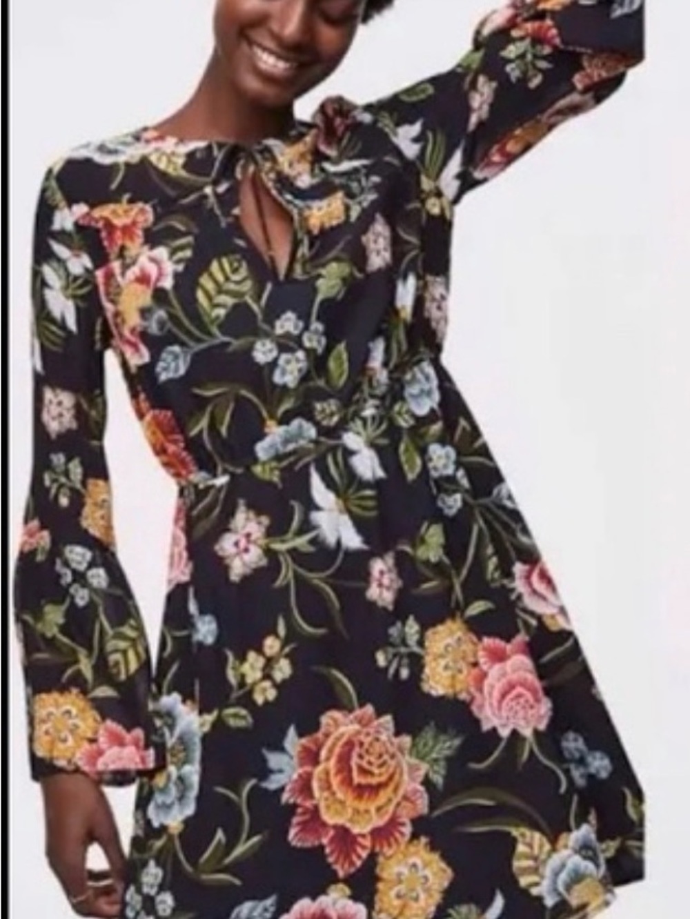 LOFT Black Floral Tie-Neck Long Sleeve Dress